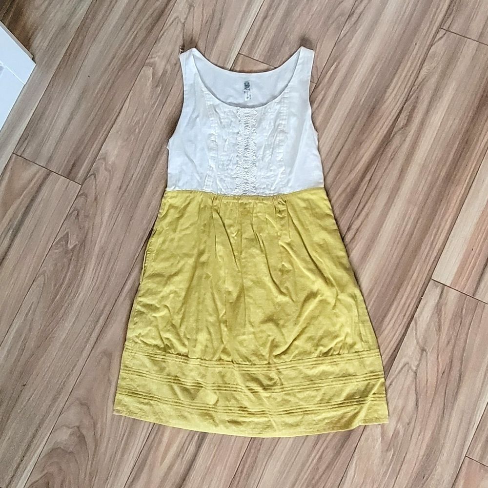 Anthro Maeve Vintage Jacqueline Cotton Eyelet Pocket Dress in Ivory & Mustard